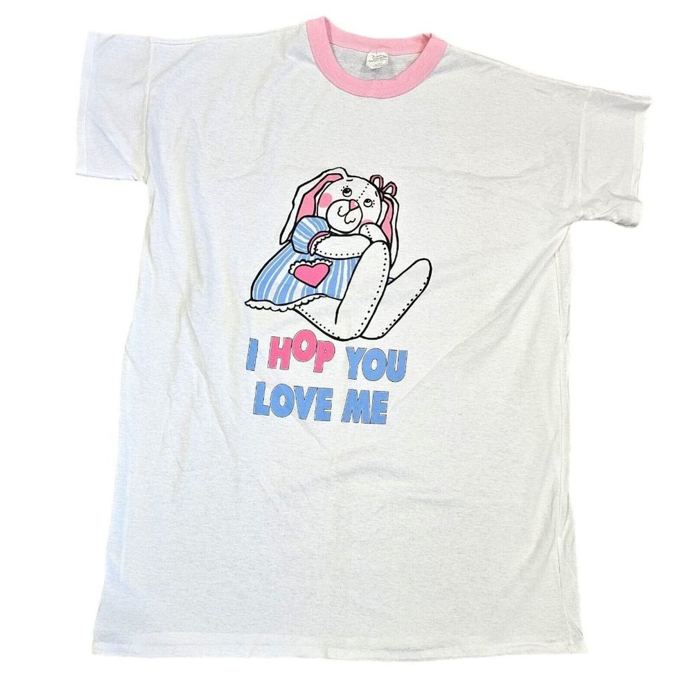 VTG 80s Retro Easter Love Bunny Rabbit Thin Sleepshirt White One Size‎ I Hop You